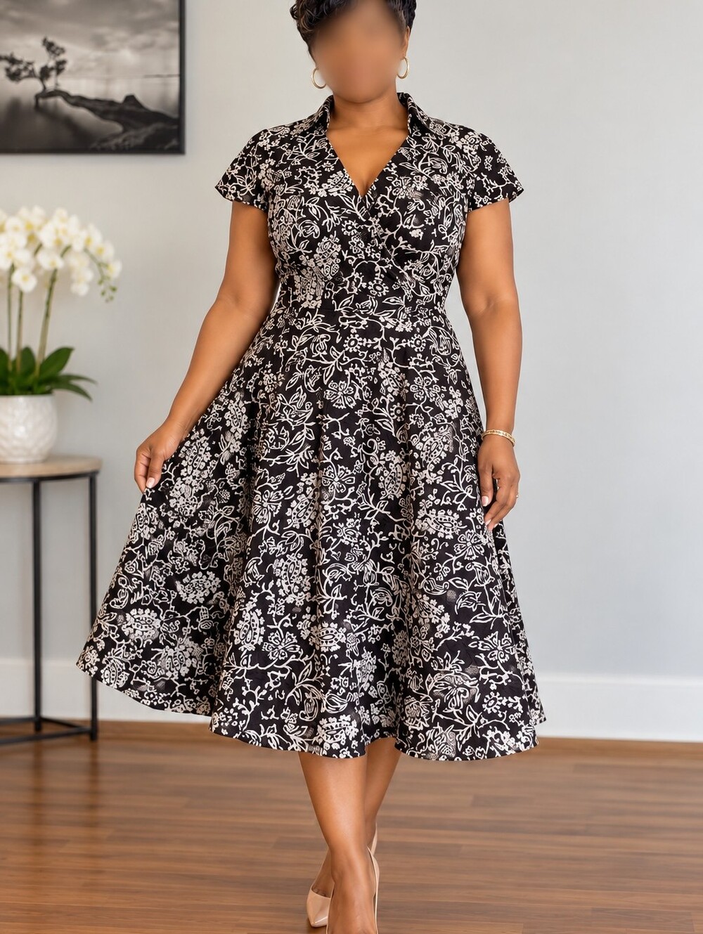 Dressbarn Size 16 Brown Cream Floral Fit & Flare Wrap Style Midi Dress